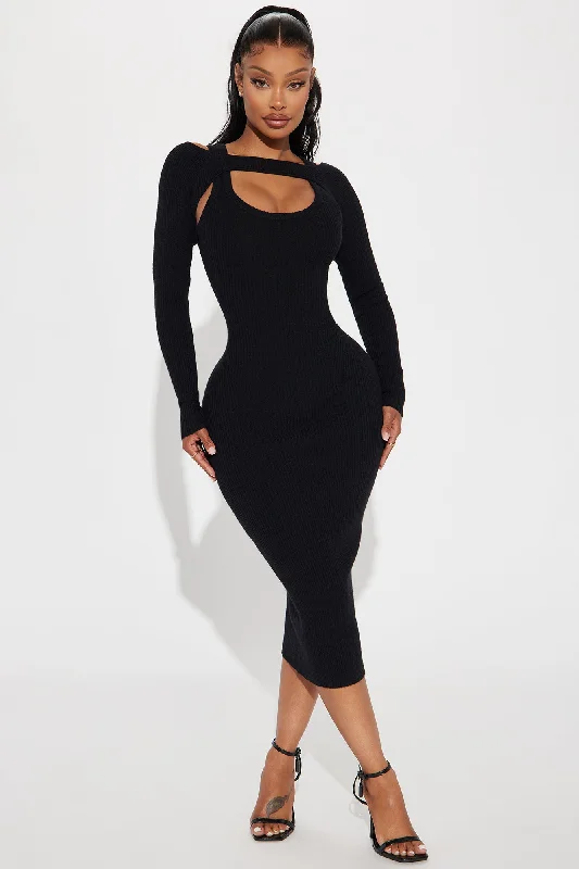 Cold Shoulder Sweater Midi Dress - Black