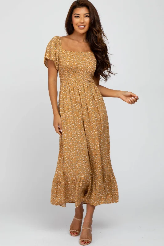 Mustard Floral Smocked Maxi Dress