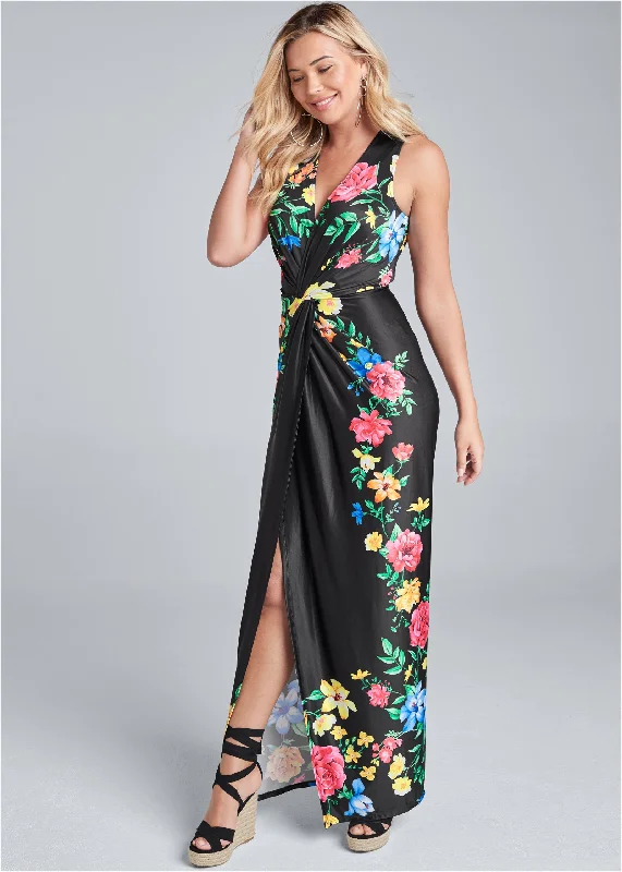 Twist front floral dress - Black Multi