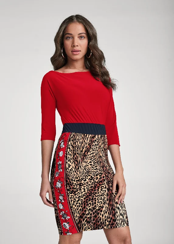 Animal print contrast dress - Red Multi